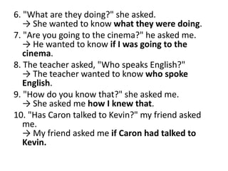 6. "What are they doing?" she asked.
→ She wanted to know what they were doing.
7. "Are you going to the cinema?" he asked me.
→ He wanted to know if I was going to the
cinema.
8. The teacher asked, "Who speaks English?"
→ The teacher wanted to know who spoke
English.
9. "How do you know that?" she asked me.
→ She asked me how I knew that.
10. "Has Caron talked to Kevin?" my friend asked
me.
→ My friend asked me if Caron had talked to
Kevin.
 