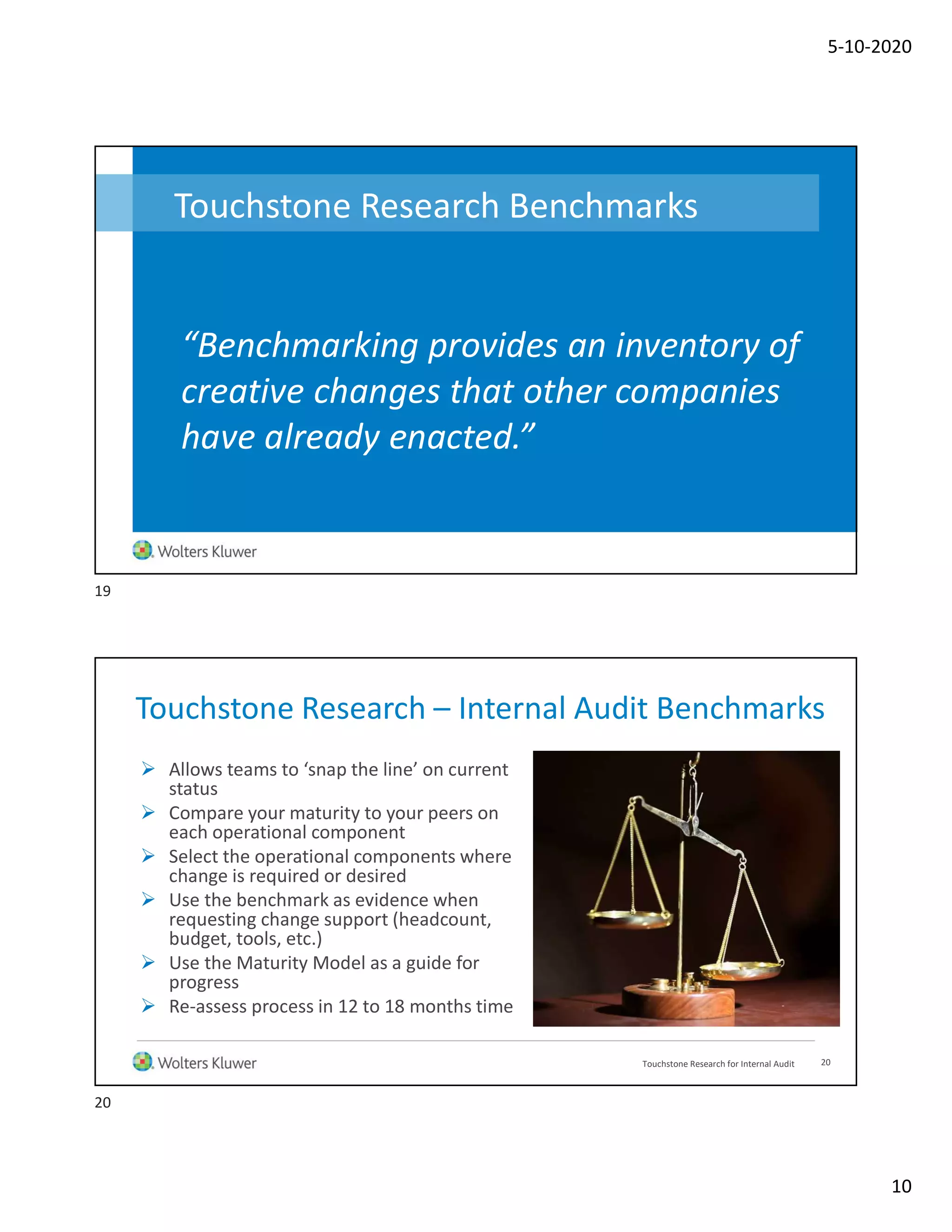 5-10-2020
10
Touchstone Research Benchmarks
“Benchmarking provides an inventory of
creative changes that other companies
have already enacted.”
Touchstone Research – Internal Audit Benchmarks
 Allows teams to ‘snap the line’ on current
status
 Compare your maturity to your peers on
each operational component
 Select the operational components where
change is required or desired
 Use the benchmark as evidence when
requesting change support (headcount,
budget, tools, etc.)
 Use the Maturity Model as a guide for
progress
 Re-assess process in 12 to 18 months time
20Touchstone Research for Internal Audit
19
20
 