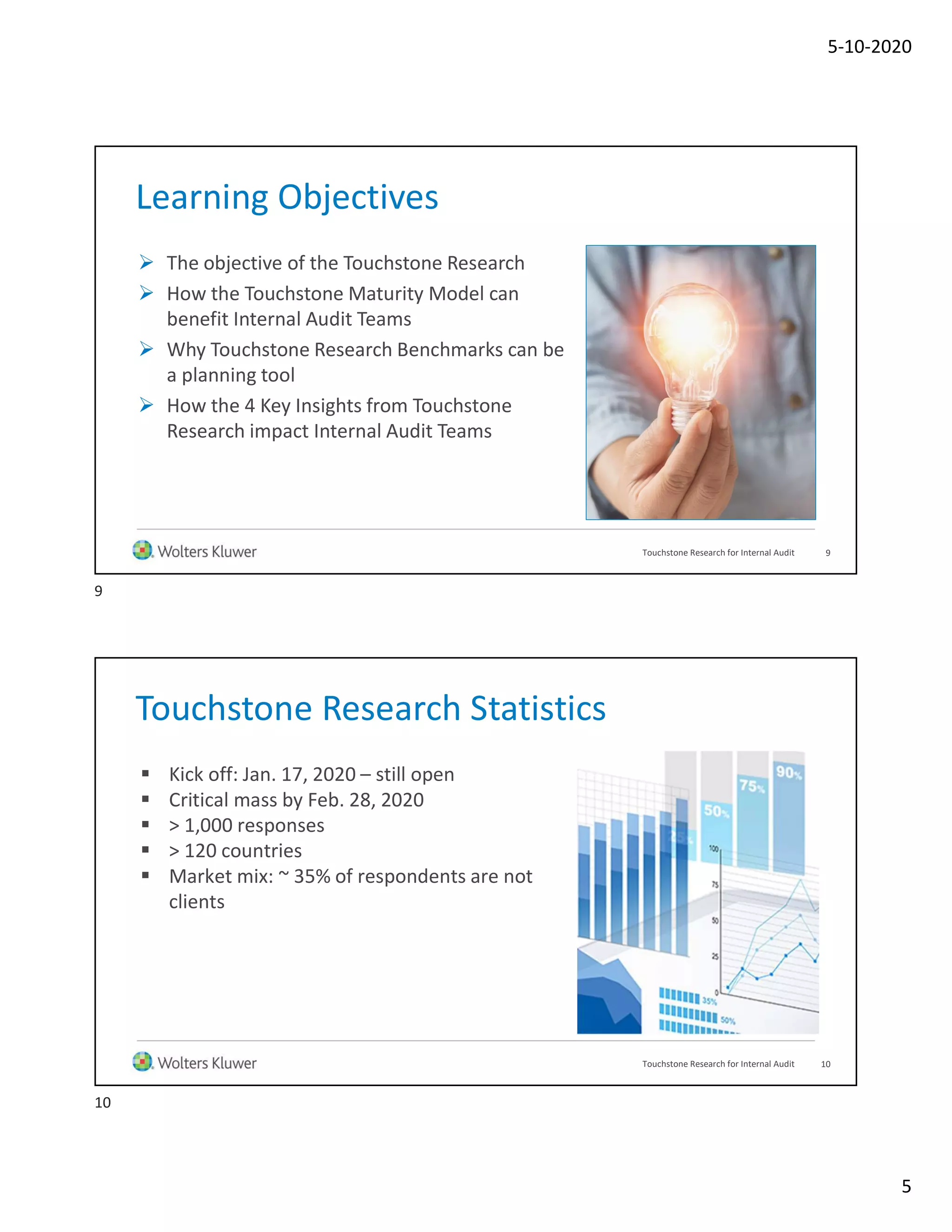 5-10-2020
5
 The objective of the Touchstone Research
 How the Touchstone Maturity Model can
benefit Internal Audit Teams
 Why Touchstone Research Benchmarks can be
a planning tool
 How the 4 Key Insights from Touchstone
Research impact Internal Audit Teams
Learning Objectives
Touchstone Research for Internal Audit 9
Touchstone Research Statistics
 Kick off: Jan. 17, 2020 – still open
 Critical mass by Feb. 28, 2020
 > 1,000 responses
 > 120 countries
 Market mix: ~ 35% of respondents are not
clients
10Touchstone Research for Internal Audit
9
10
 