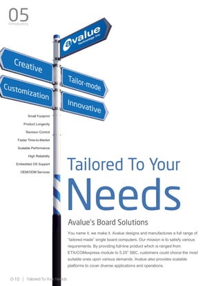 You name it, we make it. Avalue designs and manufactures a full range of
“tailored made” single board computers. Our mission is to satisfy various
requirements. By providing full-line product which is ranged from
ETX/COMexpress module to 5.25” SBC, customers could choice the most
suitable ones upon various demands. Avalue also provides scalable
platforms to cover diverse applications and operations.
Avalue’s Board Solutions
Tailored To Your
Needs
Tailored To Your Needs0-10
05Introductory
Faster Time-to-Market
Scalable Performance
High Reliability
Product Longevity
Revision Control
Small Footprint
Embedded OS Support
OEM/ODM Services
 