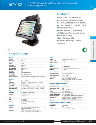 Avalue Catalog 2015 Ver.1.0 Intelligient Systems-POS Terminal 10-7
Features
Specifications
CH10
IntelligientSystems-POSTerminal
RITY152
15” XGA Flat Touch Panel PC Intel® Atom™ Processor with
Intel® Valleyview SoC
Intel® ATOM™ SoC E3845 1.91GHz
1 x SO-DIMM up to 8 GB DDR3L SDRAM
3 x RS-232, COM 1&2 Support RS-422/485
2 x RJ-45, 3 x USB 2.0, 3 x USB 3.0 ,1 x RJ-11
50000hrs. LED TFT LCD
Fanless Operation, VESA Compliance
IP-65 Compliant Front Panel & IP-41 Rear
Swappable 2.5” HDD
Easy I/O Setting by BIOS
Support DC +24V Output (3-Pin 2A)
Audio Out
Panel
LCD Size 15", 4:3
Display Type XGA
Resolution 1024x768
Color 16.2M
Luminance 400 cd/m²
Contrast ratio 700
Viewing angle 80(H) X 70(V)
Response time 8 ms
Backlight LED
Touch Type 5 Wires resistive /PCT
Touch Light
Transmission
RES 75 % / PCT 90%
Touch Controller Onboard USB touch (PenMount) / USB touch (EETI)
System
SBC ACP-BYTPOS
Processor Intel® Atom™ E3845 4-Core 1.91 GHz processor
System Chipset Intel® Valleyview SoC
I/O Chipset EC ITE IT8518E
System Memory 1 x 204-Pin DDR3L 1066MHz SO-DIMM up to 8 GB
Watchdog Timer H/W Reset: 1sec.~255min. and 1sec. or 1min./step
Expansion & Storage
Expansion 1 x Mini PCIe Supports mSATA
Storage 1 x 2.5” Drive Bay
1 x mSATA
I/O
USB 3 x USB 3.0
3 x USB 2.0
COM Port 2 x RS-232/422/485 (BIOS)
1 x RS-232
Display
Chipset Intel® Valleyview SoC integrated Graphics
Supports dual display
Resolution LVDS : Max. resolution 1024x768 @ 60Hz
HDMI : Max. resolution 1920x1080 @ 60Hz
Audio
Chipset Realtek ALC892 supports 5.1-CH
Audio Interface Line-Out
Speaker Output 2 x 2W
Ethernet
Chipset 2 x Realtek 8111E
Ethernet Interface 10/100/1000 Base-Tx GbE compatible
LAN Port 2 x RJ-45
Power Requirement
Power Connector minidin 4P for DC in w/ lock type
Power Requirement +19V ~ +24V
Power Type AT/ATX (ATX is default setting)
Adapter Input: 100 ~ 240Vac/ 50 ~ 60Hz
Output: 90W Adapter (24V @ 3.75A Adapter)
AC-DC Adapter
Mechanical & Environmental
Power Connector Fanless
Construction - Front Black Coverlens
Construction - Rear Black
Dimension 362.1 X 290.08 X 51 mm
Weight 6 /with Stand Kgs
Operating Temperature 0°C ~ 35°C (32°F ~ 95°F)
Storage Temperature 0°C ~ 60°C (32°F ~ 140°F)
Operating Humidity 0% ~ 90% Relative Humidity, Non-condensing
Vibration Test With SSD/mSATA : 1.5Grms, IEC 60068-2-64,
Random, 5 ~ 500Hz, 30min/axis
Shock Test With SSD : 10Grms, IEC 60068-2-27, Half Sine, 11ms
Certifications & Software Support
Certification
Information
CE
FCC Class B
VCCI
OS Information Win 8, Win 7, POS Ready, Linux
 