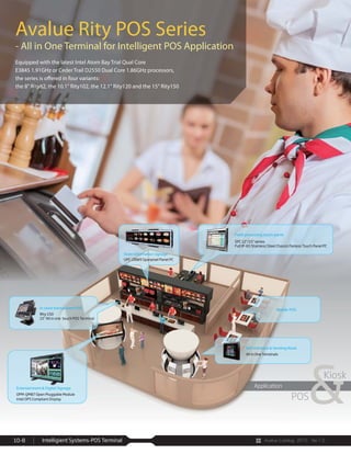 Avalue Catalog 2015 Ver.1.0Intelligient Systems-POS Terminal10-8
Features
Specifications
Application
Kiosk
POS
Application
PP
UPC-28W9 Spanpixel Panel PC
Store Information signageStore Information signage
SPC 12”/15” series
Full IP-65 Stainless Steel Chassis Fanless Touch Panel PC
Food processing touch panel
S
F
F
All in One Terminals
Self checkout & Vending Kiosk
Mobile POS
OPM-QM87 Open Pluggable Module
Intel OPS Compliant Display
Entertainment & Digital Signage
Rity 150
15” All in one touch POS Terminal
In-store transactions POS
&
Avalue Rity POS Series
- All in One Terminal for Intelligent POS Application
Equipped with the latest Intel Atom Bay Trial Qual Core
E3845 1.91GHz or Ceder Trail D2550 Dual Core 1.86GHz processors,
the series is offered in four variants:
the 8" Rity82, the 10.1" Rity102, the 12.1" Rity120 and the 15" Rity150
 