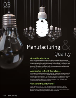 Manufacturing0-6
Avalue applies handheld XRF (X-ray fluorescence) analyzer to detect the banned
substances from incoming inspection to component release. It becomes a standard
procedure to accurately examine alloy grades based on the elemental composition, and
therefore ensure all components qualified with RoHS compliance
Component Quality Control
Green Manufacturing
Avalue conducts its business in a manner that respects, preserves, and improves the
environment. The company is committed to total quality management that applies to a full
range of manufacturing and design services. Also, Avalue is devoted to approaching green
manufacturing aimed at reducing the energy and hazardous material throughout the
product life span, starting from original design, component acquisition, manufacturing, all
the way through its transport, usage, and disposal.
Approaches to RoHS Compliance
According to RoHS directive (2002/95/EG), Avalue has initiated a series of action plans to
comply with RoHS regulations since 2004. The first RoHS compliance product has been
assessed by third party laboratory with successful qualification in August 2005. The report
verifies the facts that Avalue is capable to monitor RoHS manufacturing process, and
ensures its manufacturing achieves 100% lead-free quality. Check for regular status
updates available online at the Avalue website.
Manufacturing
Quality
03Introductory
 