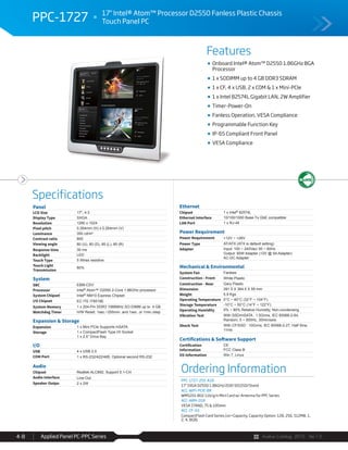 Avalue Catalog 2015 Ver.1.0Applied Panel PC-PPC Series4-8
Features
Specifications
PPC-1727 17" Intel® Atom™ Processor D2550 Fanless Plastic Chassis
Touch Panel PC
Onboard Intel® Atom™ D2550 1.86GHz BGA
Processor
1 x SODIMM up to 4 GB DDR3 SDRAM
1 x CF, 4 x USB, 2 x COM & 1 x Mini-PCIe
1 x Intel 82574L Gigabit LAN, 2W Amplifier
Timer-Power-On
Fanless Operation, VESA Compliance
Programmable Function Key
IP-65 Compliant Front Panel
VESA Compliance
Panel
LCD Size 17", 4:3
Display Type SXGA
Resolution 1280 x 1024
Pixel pitch 0.264mm (H) x 0.264mm (V)
Luminance 350 cd/m²
Contrast ratio 800
Viewing angle 80 (U), 80 (D), 85 (L), 85 (R)
Response time 30 ms
Backlight LED
Touch Type 5 Wires resistive
Touch Light
Transmission
80%
System
SBC EBM-CDV
Processor Intel® Atom™ D2550 2-Core 1.86GHz processor
System Chipset Intel® NM10 Express Chipset
I/O Chipset EC ITE IT8518E
System Memory 1 x 204-Pin DDR3 1066MHz SO-DIMM up to 4 GB
Watchdog Timer H/W Reset: 1sec.~255min. and 1sec. or 1min./step
Expansion & Storage
Expansion 1 x Mini PCIe Supports mSATA
Storage 1 x CompactFlash Type I/II Socket
1 x 2.5” Drive Bay
I/O
USB 4 x USB 2.0
COM Port 1 x RS-232/422/485, Optional second RS-232
Audio
Chipset Realtek ALC892, Support 5.1-CH
Audio Interface Line-Out
Speaker Outpu 2 x 2W
Ethernet
Chipset 1 x Intel® 82574L
Ethernet Interface 10/100/1000 Base-Tx GbE compatible
LAN Port 1 x RJ-45
Power Requirement
Power Requirement +12V ~ +26V
Power Type AT/ATX (ATX is default setting)
Adapter Input: 100 ~ 240Vac/ 50 ~ 60Hz
Output: 60W Adapter (12V @ 5A Adapter)
AC-DC Adapter
Mechanical & Environmental
System Fan Fanless
Construction - Front White Plastic
Construction - Rear Gary Plastic
Dimension 391.5 X 364.5 X 59 mm
Weight 5.9 Kgs
Operating Temperature 0°C ~ 40°C (32°F ~ 104°F)
Storage Temperature -10°C ~ 50°C (14°F ~ 122°F)
Operating Humidity 0% ~ 90% Relative Humidity, Non-condensing
Vibration Test With SSD/mSATA : 1.5Grms, IEC 60068-2-64,
Random, 5 ~ 500Hz, 30min/axis
Shock Test With CF/SSD : 10Grms, IEC 60068-2-27, Half Sine,
11ms
Certifications & Software Support
Certification
Information
CE
FCC Class B
OS Information Win 7, Linux
Ordering Information
PPC-1727-255-A1R
17" SXGA D2550 1.86GHz/2GR/32GSSD/Stand
ACC-WIFI-PCIE-8R
WM5201 802.11b/g/n Mini Card w/ Antenna for PPC Series
ACC-ARM-D1R
VESA STAND, 75 & 100mm
ACC-CF-XX
CompactFlash Card Series (xx=Capacity, Capacity Option: 128, 256, 512MB, 1,
2, 4, 8GB)
 