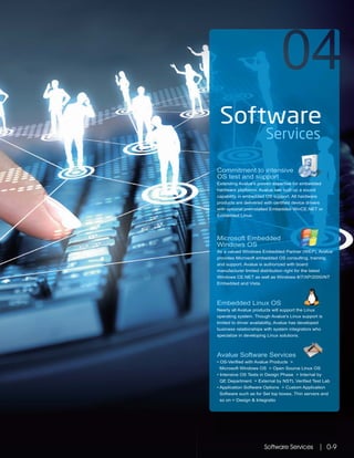 Software
Services
Microsoft Embedded
Windows OS
As a valued Windows Embedded Partner (WEP), Avalue
provides Microsoft embedded OS consulting, training,
and support. Avalue is authorized with board
manufacturer limited distribution right for the latest
Windows CE.NET as well as Windows 8/7/XP/2000/NT
Embedded and Vista.
Avalue Software Services
Commitment to intensive
OS test and support
hardware platforms, Avalue has built up a sound
products are delivered with certified device drivers
with optional preinstalled Embedded WinCE.NET or
Software Services 0-9
 