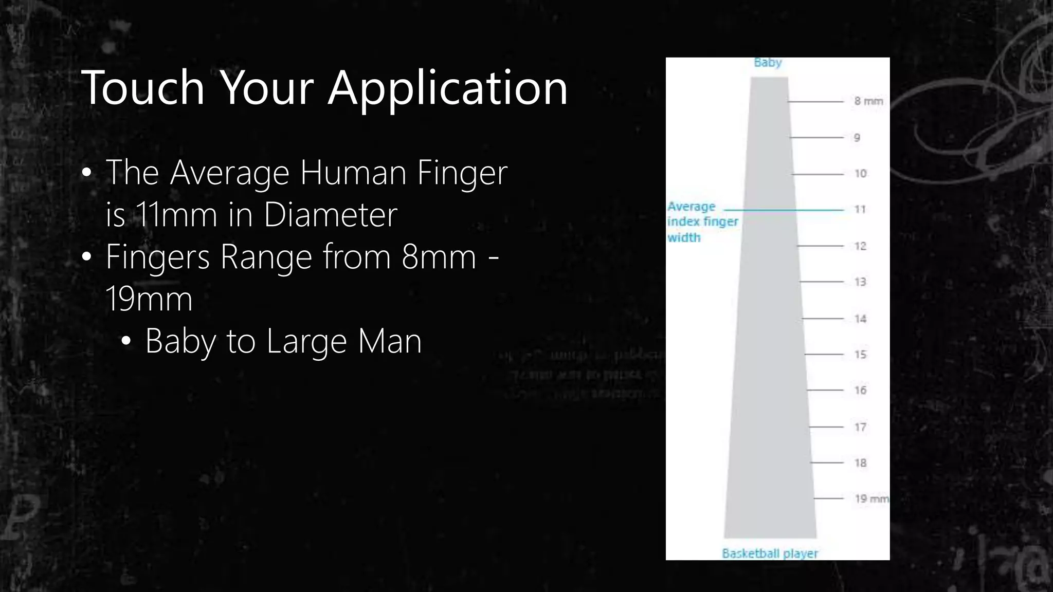 Touch Your Application
• The Average Human Finger
is 11mm in Diameter
• Fingers Range from 8mm -
19mm
• Baby to Large Man
 