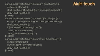 canvas.addEventListener("touchstart", (function(evt) {      Multi touch
   evt.preventDefault();
   start_point.push($.ext...