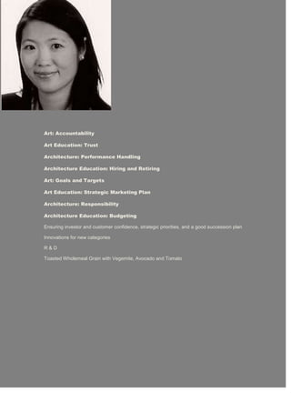 Art: Accountability
Art Education: Trust
Architecture: Performance Handling
Architecture Education: Hiring and Retiring
Art: Goals and Targets
Art Education: Strategic Marketing Plan
Architecture: Responsibility
Architecture Education: Budgeting
Ensuring investor and customer confidence, strategic priorities, and a good succession plan
Innovations for new categories
R & D
Toasted Wholemeal Grain with Vegemite, Avocado and Tomato
