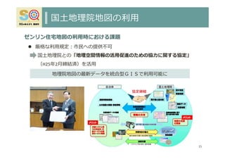 国⼟地理院地図の利⽤
15
ゼンリン住宅地図の利⽤時における課題
 厳格な利⽤規定︓市⺠への提供不可
国⼟地理院との「地理空間情報の活⽤促進のための協⼒に関する協定」
（H25年2⽉締結済）を活⽤
地理院地図の最新データを統合型ＧＩＳで利⽤可能に
 