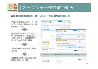 オープンデータの取り組み
26
そもそも⿃取市として、オープ
ンデータの取り組みルールが決
められていない
庁内関係課を集めた「オープン
データ専⾨部会」を⽴ち上げ、
「オープンデータ推進基本⽅
針」について作成・議論
カタログサイトは⿃取県が⽤意した ポータルサイトを活⽤しました
⿃取市情報化推進本部で同⽅針
を決定
公開型GIS開始のため、オープンデータに取り組みました
公開型GISのサービス開始と同
時期に同⽅針を公開
 