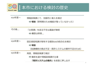 本市における検討の歴史
7
H14年度〜 情報政策課にて、先駆的に導⼊を検討
→ 頓挫（黎明期のため機能が整っていなかった）
その後… 「主管課」を巡る不⽑な議論が継続
構想は停滞…
H24年度〜 固定資産税課が保有する個別GISの統合化を検討
→ 頓挫
（各課横断の視点不⾜・既存システムの要件不⾜のため）
H25年度〜 再度、情報政策課で検討
→ 横串を通す情報政策課が主導
「既存システムの集約」を前⾯に押し出す
 