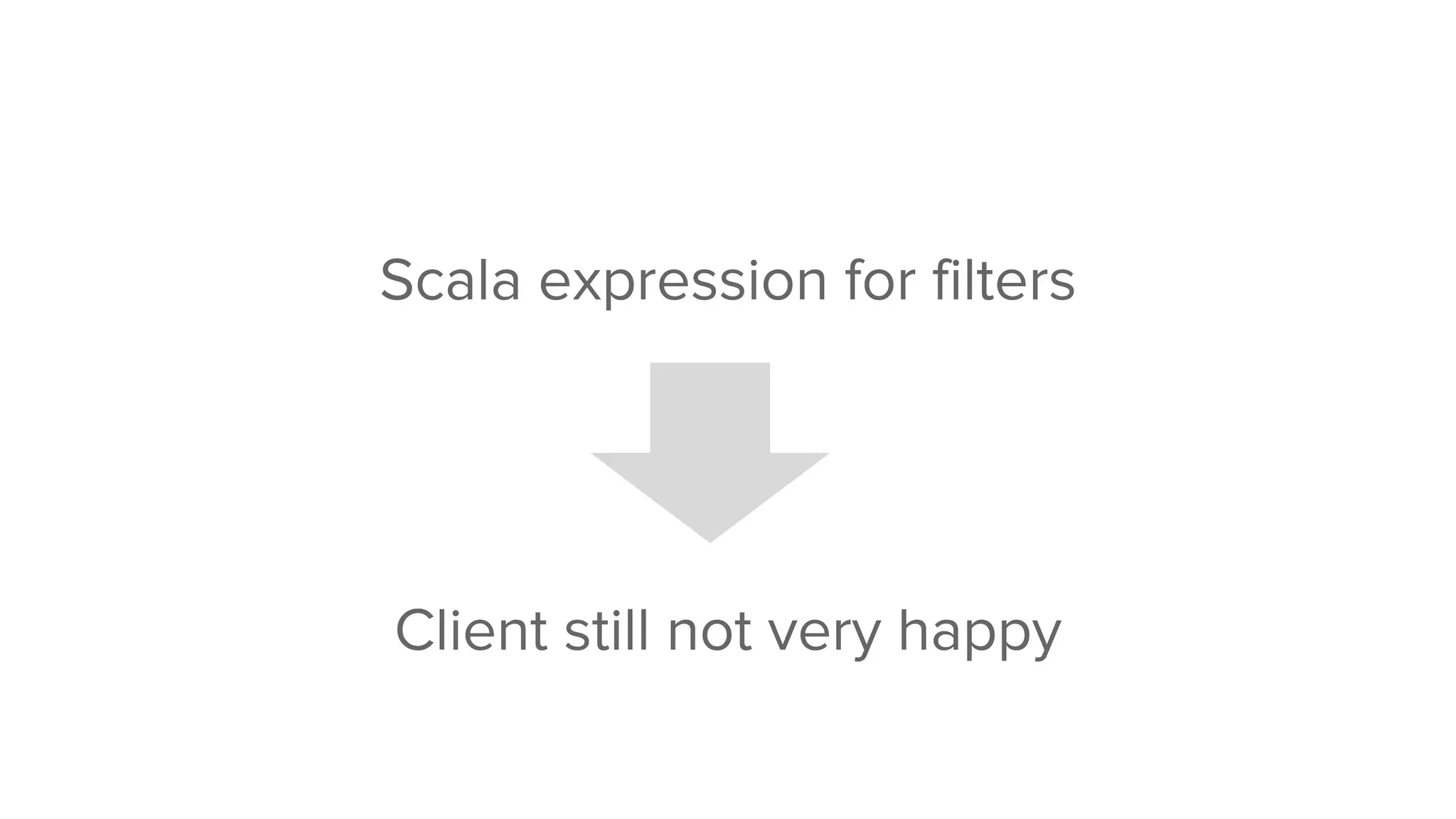 Scala expression for filters
Client still not very happy
 