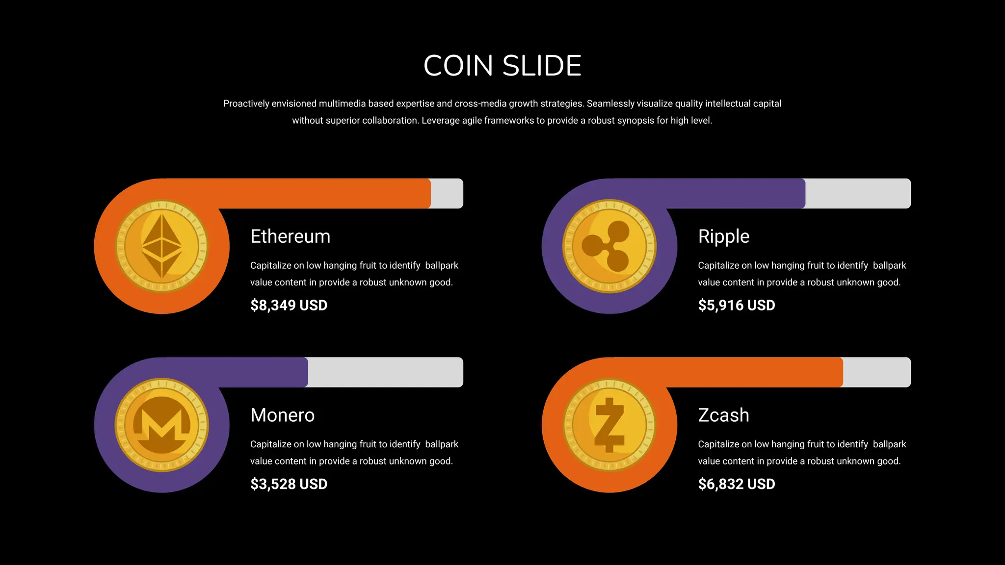 Ethereum
Capitalize on low hanging fruit to identify ballpark
value content in provide a robust unknown good.
$8,349 USD
Ripple
Capitalize on low hanging fruit to identify ballpark
value content in provide a robust unknown good.
$5,916 USD
Monero
Capitalize on low hanging fruit to identify ballpark
value content in provide a robust unknown good.
$3,528 USD
Zcash
Capitalize on low hanging fruit to identify ballpark
value content in provide a robust unknown good.
$6,832 USD
Proactively envisioned multimedia based expertise and cross-media growth strategies. Seamlessly visualize quality intellectual capital
without superior collaboration. Leverage agile frameworks to provide a robust synopsis for high level.
COIN SLIDE
 