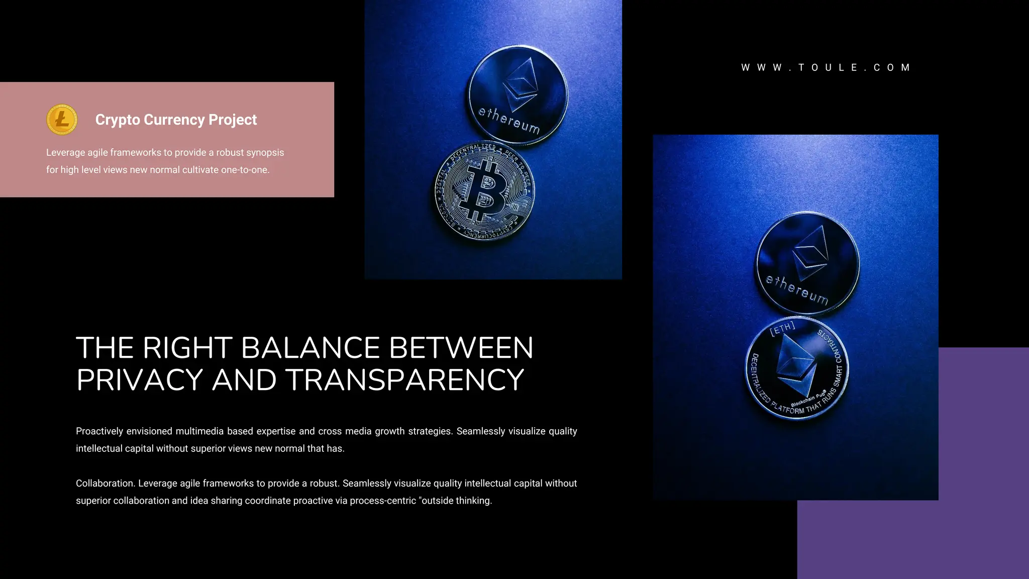 W W W . T O U L E . C O M
Proactively envisioned multimedia based expertise and cross media growth strategies. Seamlessly visualize quality
intellectual capital without superior views new normal that has.
Collaboration. Leverage agile frameworks to provide a robust. Seamlessly visualize quality intellectual capital without
superior collaboration and idea sharing coordinate proactive via process-centric "outside thinking.
THE RIGHT BALANCE BETWEEN
PRIVACY AND TRANSPARENCY
Crypto Currency Project
Leverage agile frameworks to provide a robust synopsis
for high level views new normal cultivate one-to-one.
 