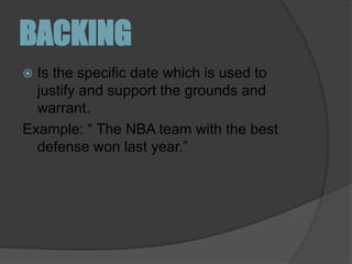 BACKINGIs the specific date which is used to justify and support the grounds and warrant. Example: “ The NBA team with the best defense won last year.”