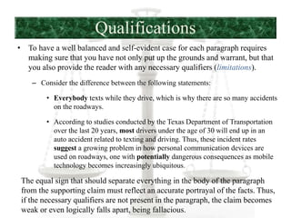 Qualifications
• To have a well balanced and self-evident case for each paragraph requires
making sure that you have not only put up the grounds and warrant, but that
you also provide the reader with any necessary qualifiers (limitations).
– Consider the difference between the following statements:
• Everybody texts while they drive, which is why there are so many accidents
on the roadways.
• According to studies conducted by the Texas Department of Transportation
over the last 20 years, most drivers under the age of 30 will end up in an
auto accident related to texting and driving. Thus, these incident rates
suggest a growing problem in how personal communication devices are
used on roadways, one with potentially dangerous consequences as mobile
technology becomes increasingly ubiquitous.
The equal sign that should separate everything in the body of the paragraph
from the supporting claim must reflect an accurate portrayal of the facts. Thus,
if the necessary qualifiers are not present in the paragraph, the claim becomes
weak or even logically falls apart, being fallacious.
 