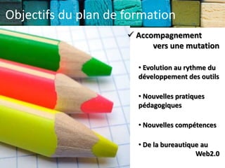 Objectifs du plan de formation
                      Accompagnement
                           vers une mutation

                       • Evolution au rythme du
                       développement des outils

                       • Nouvelles pratiques
                       pédagogiques

                       • Nouvelles compétences

                       • De la bureautique au
                                         Web2.0
 