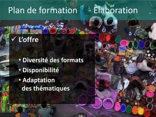 Plan de formation           - Elaboration


 L’offre

  • Diversité des formats
  • Disponibilité
  • Adaptation
   des thématiques
 