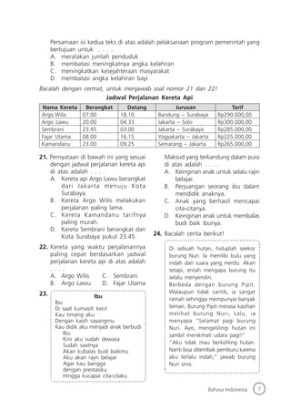 7Bahasa Indonesia
Persamaan isi kedua teks di atas adalah pelaksanaan program pemerintah yang
bertujuan untuk . . . .
A. meratakan jumlah penduduk
B. membatasi meningkatnya angka kelahiran
C. meningkatkan kesejahteraan masyarakat
D. membatasi angka kelahiran bayi
Bacalah dengan cermat, untuk menjawab soal nomor 21 dan 22!
Jadwal Perjalanan Kereta Api
Nama Kereta Berangkat Datang Jurusan Tarif
Argo Wilis 07.00 18.10 Bandung – Surabaya Rp290.000,00
Argo Lawu 20.00 04.33 Jakarta – Solo Rp300.000,00
Sembrani 23.45 03.00 Jakarta – Surabaya Rp285.000,00
Fajar Utama 08.00 16.15 Yogyakarta – Jakarta Rp225.000,00
Kamandanu 23.00 09.25 Semarang – Jakarta Rp265.000,00
21. Pernyataan di bawah ini yang sesuai
dengan jadwal perjalanan kereta api
di atas adalah . . . .
A. Kereta api Argo Lawu berangkat
dari Jakarta menuju Kota
Surabaya.
B. Kereta Argo Wilis melakukan
perjalanan paling lama.
C. Kereta Kamandanu tarifnya
paling murah.
D. Kereta Sembrani berangkat dari
Kota Surabaya pukul 23.45.
22. Kereta yang waktu perjalanannya
paling cepat berdasarkan jadwal
perjalanan kereta api di atas adalah
. . . .
A. Argo Wilis C. Sembrani
B. Argo Lawu D. Fajar Utama
23. Ibu
Ibu
Di saat kumasih kecil
Kau timang aku
Dengan kasih sayangmu
Kau didik aku menjadi anak berbudi
Ibu
Kini aku sudah dewasa
Sudah saatnya
Akan kubalas budi baikmu
Aku akan rajin belajar
Agar kau bangga
dengan prestasiku
Hingga kucapai cita-citaku
Maksud yang terkandung dalam puisi
di atas adalah . . . .
A. Keinginan anak untuk selalu rajin
belajar.
B. Perjuangan seorang ibu dalam
mendidik anaknya.
C. Anak yang berhasil mencapai
cita-citanya.
D. Keinginan anak untuk membalas
budi baik ibunya.
24. Bacalah cerita berikut!
Di sebuah hutan, hiduplah seekor
burung Nuri. Ia memliki bulu yang
indah dan suara yang merdu. Akan
tetapi, entah mengapa burung itu
selalu menyendiri.
Berbeda dengan burung Pipit.
Walaupun tidak cantik, ia sangat
ramah sehingga mempunyai banyak
teman. Burung Pipit merasa kasihan
melihat burung Nuri, Lalu, ia
menyapa “Selamat pagi burung
Nuri. Ayo, mengelilingi hutan ini
sambil menikmati udara pagi!”
“Aku tidak mau berkeliling hutan.
Nanti bisa ditembak pemburu karena
aku terlalu indah,” jawab burung
Nuri sinis.
 