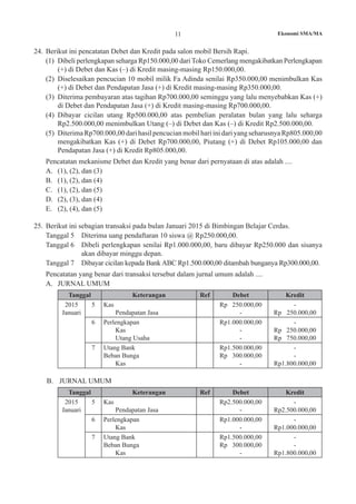 Ekonomi SMA/MA11
24. 	Berikut ini pencatatan Debet dan Kredit pada salon mobil Bersih Rapi.
(1)	 Dibeli perlengkapan seharga Rp150.000,00 dari Toko Cemerlang mengakibatkan Perlengkapan
(+) di Debet dan Kas (–) di Kredit masing-masing Rp150.000,00.
(2)	 Diselesaikan pencucian 10 mobil milik Fa Adinda senilai Rp350.000,00 menimbulkan Kas
(+) di Debet dan Pendapatan Jasa (+) di Kredit masing-masing Rp350.000,00.
(3)	 Diterima pembayaran atas tagihan Rp700.000,00 seminggu yang lalu menyebabkan Kas (+)
di Debet dan Pendapatan Jasa (+) di Kredit masing-masing Rp700.000,00.
(4)	 Dibayar cicilan utang Rp500.000,00 atas pembelian peralatan bulan yang lalu seharga
Rp2.500.000,00 menimbulkan Utang (–) di Debet dan Kas (–) di Kredit Rp2.500.000,00.
(5)	 DiterimaRp700.000,00darihasilpencucianmobilhariinidariyangseharusnyaRp805.000,00
mengakibatkan Kas (+) di Debet Rp700.000,00, Piutang (+) di Debet Rp105.000,00 dan
Pendapatan Jasa (+) di Kredit Rp805.000,00.
	 Pencatatan mekanisme Debet dan Kredit yang benar dari pernyataan di atas adalah ....
A.	 (1), (2), dan (3)	
B.	 (1), (2), dan (4) 	
C.	 (1), (2), dan (5)
D.	 (2), (3), dan (4)	
E.	 (2), (4), dan (5)
25.	 Berikut ini sebagian transaksi pada bulan Januari 2015 di Bimbingan Belajar Cerdas.
Tanggal 5	 Diterima uang pendaftaran 10 siswa @ Rp250.000,00.
Tanggal 6	 Dibeli perlengkapan senilai Rp1.000.000,00, baru dibayar Rp250.000 dan sisanya
akan dibayar minggu depan.
Tanggal 7	 Dibayar cicilan kepada Bank ABC Rp1.500.000,00 ditambah bunganya Rp300.000,00.
	 Pencatatan yang benar dari transaksi tersebut dalam jurnal umum adalah ....
A.	 JURNAL UMUM
Tanggal Keterangan Ref Debet Kredit
2015
Januari
5 Kas
	 Pendapatan Jasa
Rp 250.000,00
-
-
Rp 250.000,00
6 Perlengkapan
	 Kas
	 Utang Usaha
Rp1.000.000,00
-
-
-
Rp 250.000,00
Rp 750.000,00
7 Utang Bank
Beban Bunga
	 Kas
Rp1.500.000,00
Rp 300.000,00
-
-
-
Rp1.800.000,00
B.	 JURNAL UMUM
Tanggal Keterangan Ref Debet Kredit
2015
Januari
5 Kas
	 Pendapatan Jasa
Rp2.500.000,00
-
-
Rp2.500.000,00
6 Perlengkapan
	 Kas
Rp1.000.000,00
-
-
Rp1.000.000,00
7 Utang Bank
Beban Bunga
	 Kas
Rp1.500.000,00
Rp 300.000,00
-
-
-
Rp1.800.000,00
 