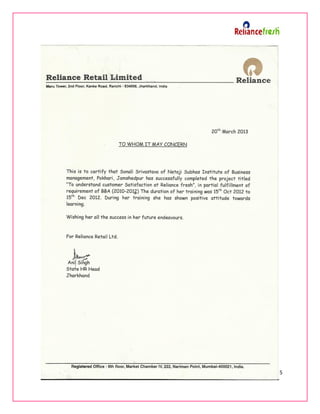 Reliance Satisfaction Form.pdf To understand customer satisfaction at reliance fresh | PDF