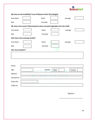 Reliance Satisfaction Form.pdf To understand customer satisfaction at reliance fresh | PDF