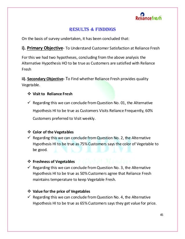 To understand customer satisfaction at reliance fresh