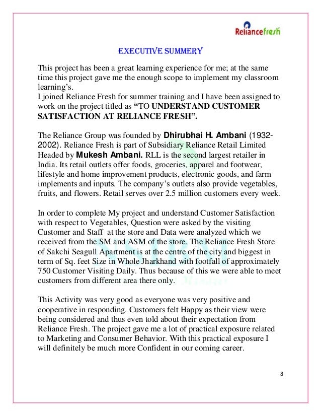 To understand customer satisfaction at reliance fresh