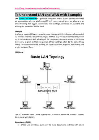 http://blog.router-switch.com/2014/05/lans-vs-wans/
To Understand LAN and WAN with Examples
LAN (Local Area Network)is a group of computers and its output devices connected
via a connection wire, or wireless. A LAN only covers a small area; say a house or an
office building. For bigger connections, like buildings connected in Auckland and
Wellington, you would need a WAN.
Example
In a house you could have 4 computers, one desktop and three laptops, all connected
via wireless internet. Not only could you do that, but, you could connect the printer
up to the network as well, allowing all the computers, no matter where in the house
they were, to print to that one printer. Office buildings often do the same thing,
linking the computers in the building, or a particular floor, together and sharing one
printer between them.
DIAGRAM
One of the workstations can be a printer or a scanner or even a fax. It doesn't have to
be an extra workstation.
Advantages of LAN:
SPEED-LAN provides a quick way to share documents and files with others
 