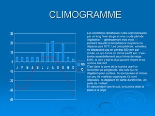 CLIMOGRAMME
30                                     Les conditions climatiques rudes sont marquées
                                       par un long hiver de gel et une courte période
                                       végétative — généralement trois mois —
20                                     pendant laquelle la température moyenne ne
                                       dépasse pas 10°C. Les précipitations, variables,
                                       ne dépassent pas en général 600 mm par
10                                     année, ce qui donne un climat plutôt sec. L'eau
                                       tombe essentiellement sous forme de neige.
                                       Enfin, le vent y est le plus souvent violent et se
 0                                     nomme blizzard.
                                  mm
                                       C'est dans la zone de la toundra que l'on
      J F M A M J   J A S O N D
-10                               ºC   rencontre les pergélisols, des sols qui ne
                                       dégèlent qu'en surface. Ils sont jeunes et minces
                                       car peu de matières organiques s'y sont
-20                                    déposées. Ils dégèlent en partie durant l'été. On
                                       parle de mollisol.
                                       En descendant vers le sud, la toundra cède la
-30                                    place à la taïga


-40
 