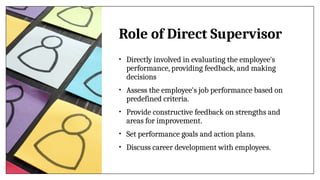 Role of Direct Supervisor
• Directly involved in evaluating the employee's
performance, providing feedback, and making
decisions
• Assess the employee's job performance based on
predefined criteria.
• Provide constructive feedback on strengths and
areas for improvement.
• Set performance goals and action plans.
• Discuss career development with employees.
 