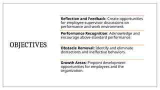 OBJECTIVES
Reflection and Feedback: Create opportunities
for employee-supervisor discussions on
performance and work environment.
Performance Recognition: Acknowledge and
encourage above-standard performance.
Obstacle Removal: Identify and eliminate
distractions and ineffective behaviors.
Growth Areas: Pinpoint development
opportunities for employees and the
organization.
 
