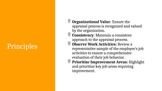 Principles
 Organizational Value: Ensure the
appraisal process is recognized and valued
by the organization.
 Consistency: Maintain a consistent
approach to the appraisal process.
 Observe Work Activities: Review a
representative sample of the employee's job
activities to ensure a comprehensive
evaluation of their job behavior.
 Prioritize Improvement Areas: Highlight
and prioritize key job areas requiring
improvement.
 