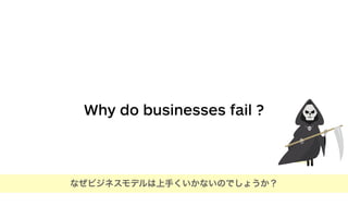 Why do businesses fail ?
. Test those ﬁrst!
なぜビジネスモデルは上手くいかないのでしょうか？
 