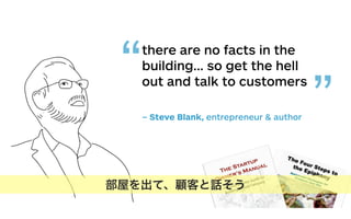 there are no facts in the
building... so get the hell
out and talk to customers
– Steve Blank, entrepreneur & author
“
”
部屋を出て、顧客と話そう
 
