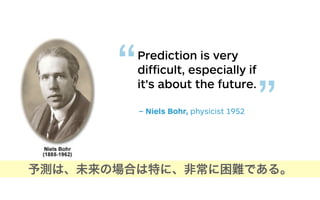 Prediction is very
difﬁcult, especially if
it's about the future.
– Niels Bohr, physicist 1952
“
”
予測は、未来の場合は特に、非常に困難である。
 