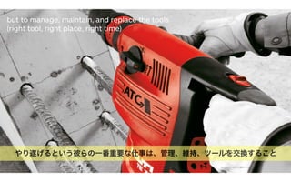 54[source photo: griffinindustrial.co.uk]
やり遂げるという彼らの一番重要な仕事は、管理、維持、ツールを交換すること
but to manage, maintain, and replace the tools
(right tool, right place, right time)
 