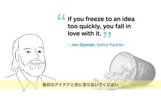 If you freeze to an idea
too quickly, you fall in
love with it.
– Jim Glymph, Gehry Partner
“
”
最初のアイデアと恋に落ちないでください
 