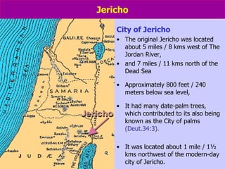 Jericho City of Jericho The original Jericho was located about 5 miles / 8 kms west of The Jordan River, and 7 miles / 11 kms north of the Dead Sea Approximately 800 feet / 240 meters below sea level,  It had many date-palm trees, which contributed to its also being known as the City of palms  (Deut.34:3). It was located about 1 mile / 1½ kms northwest of the modern-day city of Jericho. 