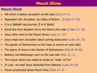 Mount Olives Mount Olivet Hill which is before Jerusalem on the east  (Zech.14: 4) Separated with Jerusalem, by Valley of Kidron .  (2.Sam.15: 23) It is a Sabbath day journey (5 to 6 Steds) David flee from Absalom his to the Mount olive side  (2.Sam.15: 32) Jesus often went to the Mount Olives  (Luke 21: 37) Jesus wept over Jerusalem about coming destruction  (Luke 19: 37 ) The garden of Gethsemane on the base or ascent on west side) The agony of Jesus in the Garden of Gethsemane  (Mat.26:36-46) Bethany and Bethphage were on the east side  (Mat. 21: 1) The mount olives now called by Arabs as “Jebel- et-Tor” In Luke  we read Jesus Ascended from Bethany  (Luke 24: 50) Future prophesied about Mount olive  (Zech.14: 4) 
