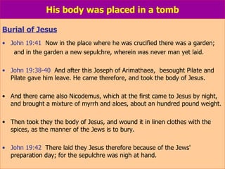 His body was placed in a tomb Burial of Jesus John 19:41   Now in the place where he was crucified there was a garden; and in the garden a new sepulchre, wherein was never man yet laid. John 19:38-40   And after this Joseph of Arimathaea,  besought Pilate and Pilate gave him leave. He came therefore, and took the body of Jesus.  And there came also Nicodemus, which at the first came to Jesus by night, and brought a mixture of myrrh and aloes, about an hundred pound weight.  Then took they the body of Jesus, and wound it in linen clothes with the spices, as the manner of the Jews is to bury. John 19:42   There laid they Jesus therefore because of the Jews' preparation day; for the sepulchre was nigh at hand. 