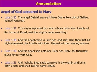 Annunciation Angel of God appeared to Mary Luke 1:26   The angel Gabriel was sent from God unto a city of Galilee, named Nazareth, Luke 1:27   To a virgin espoused to a man whose name was Joseph, of the house of David; and the virgin's name was Mary. Luke 1:28   And the angel came in unto her, and said, Hail, thou that art highly favoured, the Lord is with thee: blessed art thou among women. Luke 1:30   And the angel said unto her, Fear not, Mary: for thou hast  found favour with God. Luke 1:31   And, behold, thou shalt conceive in thy womb, and bring  forth a son, and shalt call his name JESUS. 