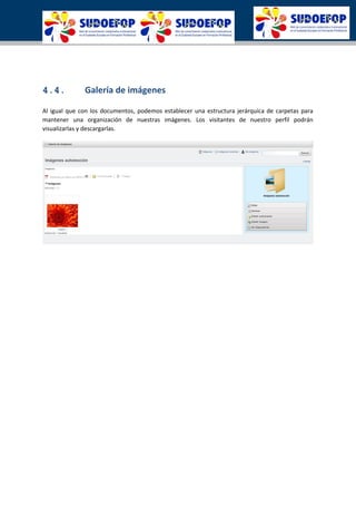 4.4. Galería de imágenes
Al igual que con los documentos, podemos establecer una estructura jerárquica de carpetas para
mantener una organización de nuestras imágenes. Los visitantes de nuestro perfil podrán
visualizarlas y descargarlas.
 