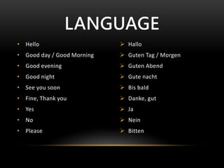 • Hello
• Good day / Good Morning
• Good evening
• Good night
• See you soon
• Fine, Thank you
• Yes
• No
• Please
 Hallo
 Guten Tag / Morgen
 Guten Abend
 Gute nacht
 Bis bald
 Danke, gut
 Ja
 Nein
 Bitten
LANGUAGE
 