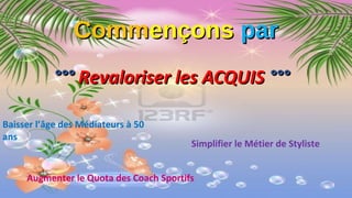 CommCommençonsençons parpar
°°°°°° Revaloriser les ACQUISRevaloriser les ACQUIS °°°°°°
Baisser l’âge des Médiateurs à 50
ans
Simplifier le Métier de Styliste
Augmenter le Quota des Coach Sportifs
 