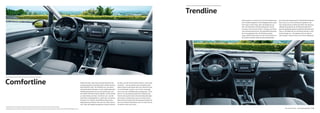 33Der neue Touran – AusstattungslinienKraftstoffverbrauch in l/100 km: kombiniert zwischen 5,8 und 4,2, CO₂-Emissionen in g/km: kombiniert zwischen 135 und 109, Effizienzklassen: B–A+.
Trendline
Comfortline Erleben Sie Ihren neuen Touran als Komfortzone: Die
Ausstattungslinie Comfortline lässt in dieser Hinsicht
keine Wünsche offen. Der ParkPilot vorn und hinten
unterstützt beim Einparken, mit der multifunktionalen
Mittelkonsole können Sie von den Vordersitzen und
der zweiten Sitzreihe auf alles zugreifen, was Sie schnell
zur Hand haben möchten. Sie bietet vorn zwei Be-
cherhalter und Ablagefächer; zudem kann ein kleines
Haltenetz im Fußraum des Beifahrersitzes flache
Gegenstände wie Bücher oder auch ein Tablet aufneh-
men. Dank des Gepäckmanagement-Systems können
Warum gibt es im neuen Touran mit der Ausstattungs-
linie Trendline eigentlich eine Müdigkeitserkennung?
Die Frage ist berechtigt, denn die Begeisterung
über die zahlreichen Sicherheitsfeatures, die Sie
erwarten, wird Sie wach halten: 7 Airbags, das Proak-
tive Insassenschutzsystem, die Multikollisionsbremse,
die Gurtanlegekontrolle, die Reifenkontrollan-
zeige, ISOFIX-Halterungen für die drei Einzelsitze in
der zweiten Sitzreihe sowie die aktive Motorhaube –
Sie alles, was Sie mit auf Reisen nehmen, stets sicher
verstauen – und das dürfen dank variablem Lade-
boden ruhig ein paar Dinge mehr sein. Damit Sie nicht
nur komfortabel, sondern auch sicher unterwegs
sind, warnt das Umfeldbeobachtungssystem „Front
Assist“ mit City-Notbremsfunktion im Rahmen der
Grenzen des Systems bei kritischen Abstandssituati-
onen optisch und akustisch sowie mit einem kurzen
Bremsruck und bremst das Fahrzeug automatisch ab,
wenn ein Hindernis übersehen wird. Im neuen Touran
ist Komfort eben auch sicher.
das sind starke Argumente für Endorphinhochstände!
Doch nicht nur an Ihre Sicherheit ist gedacht: Das
Start-Stopp-System schaltet den Motor bei Fahrzeug-
stillstand automatisch ab, die Bremsenergie-Rück-
gewinnung (Rekuperation) wandelt die beim Bremsen
oder im Schubbetrieb frei werdende Energie in elek-
trische Energie um – das belastet nicht nur die Um-
welt weniger, sondern schont auch Ihren Geldbeutel.
 