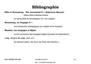 class Base {                      class Derive                      class DD : Derive {
  private:   int          a;         : XXXXX Base {                   fDD(Derive);
  protected: int          b();                 int   d();           };
  public:    int          c;        protected int    e;
  private:   int          g();      public:    int   f;
};                                };
XXXXX = public                      XXXXX = protected                    XXXXX = private

DD::fDD(Derive dr){              DD::fDD(Derive dr){              DD::fDD(Derive dr){
  dr.a++; // Error                  dr.a++; // Error                  dr.a++; // Error
  dr.b(); // OK                     dr.b(); // OK                     dr.b(); // Error
  dr.c++; // OK                     dr.c++; // OK                     dr.c++; // Error
}                                 }                                 }
f(Derive dr){                    f(Derive dr){                    f(Derive dr){
  dr.a++; // Error                  dr.a++; // Error                  dr.a++; // Error
  dr.b(); // Error                  dr.b(); // Error                  dr.b(); // Error
  dr.c++; // OK                     dr.c++; // Error                  dr.c++; // Error
}                                 }                                 }

   la classe Derive rend public    la classe Derive rend public               la classe Derive
        le contrôle d'accès             le contrôle d'accès                 ne rend pas public
        de sa super-classe              de sa super-classe                  le contrôle d'accès
              à tous                        uniquement                      de sa super-classe
                                    à ses sous classes et aux
                                              friends
Didier DONSEZ 1995-1998                 Un petit tour du C++                                      19

                                       http://krimo666.mylivepage.com/
 