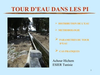 1 
TOUR D’EAU DANS LES PI 
 DISTRIBUTION DE L’EAU 
 METHODOLOGIE 
 PARAMETRES DU TOUR 
D’EAU 
 CAS PRATIQUES 
Achour Hichem 
ESIER Tunisie 
 