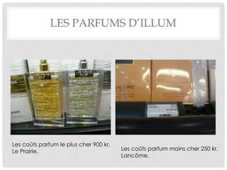 LES PARFUMS D’ILLUM




Les coûts parfum le plus cher 900 kr.
Le Prairie.                             Les coûts parfum moins cher 250 kr.
                                        Lancôme.
 