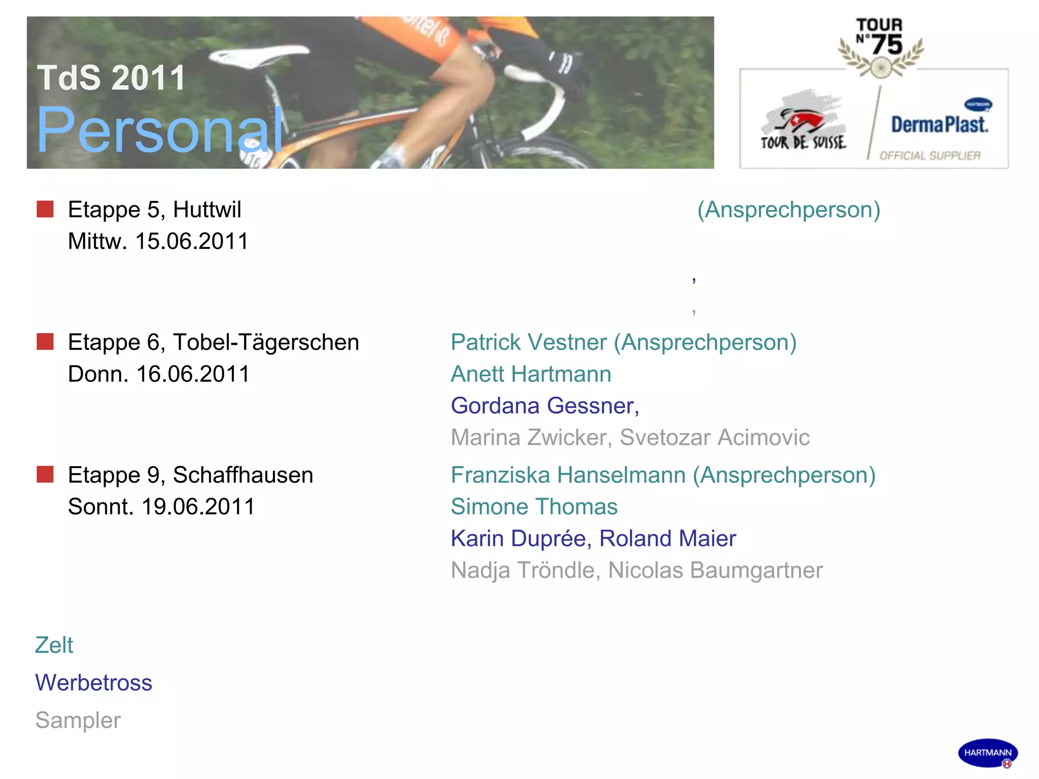 PersonalEtappe 5, Huttwil (Ansprechperson)Mittw. 15.06.2011, , Etappe 6, Tobel-TägerschenPatrick Vestner (Ansprechperson)Donn. 16.06.2011 Anett HartmannGordana Gessner, Marina Zwicker, Svetozar Acimovic Etappe 9, Schaffhausen Franziska Hanselmann (Ansprechperson)Sonnt. 19.06.2011 Simone ThomasKarin Duprée, Roland MaierNadja Tröndle, Nicolas BaumgartnerZeltWerbetrossSampler